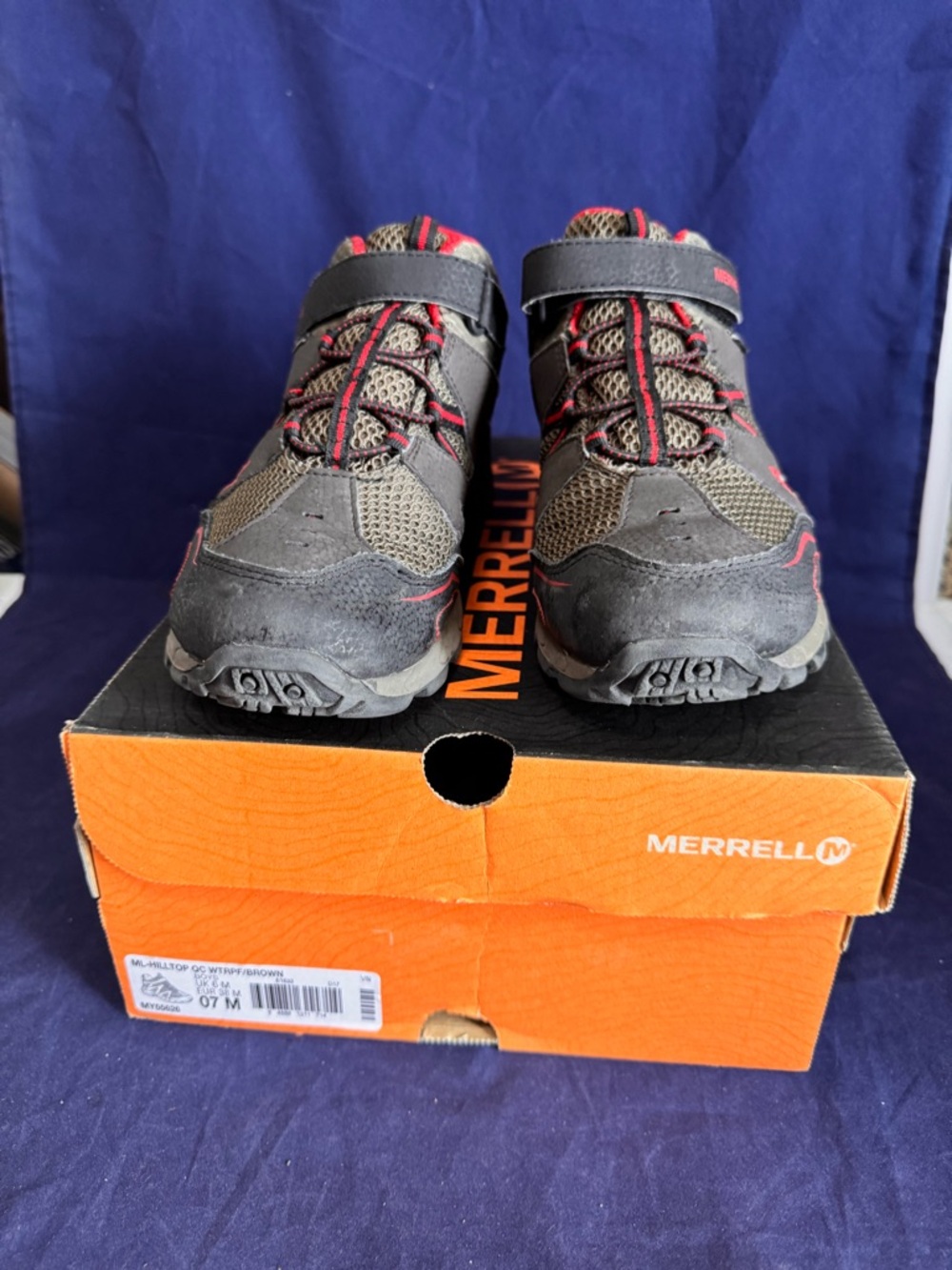 MERRELL Hilltop Boys 7 Youth Mid Quick Close Waterproof Brown Hiking Boots Med